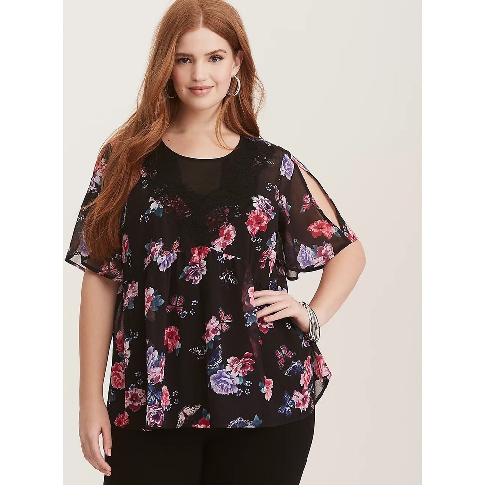 Torrid Multi Color Floral Print Crinkled Chiffon Lace Trim Top Size 1 1X HW9432 - Picture 2 of 8